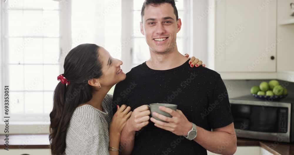 Conversation, smile and couple with coffee in kitchen, home and morning communication. Talk, happy man and woman with tea cup, drink or portrait of bonding in healthy relationship, connection or love Conversation, smile and couple with coffee in kitchen, home and morning communication. Talk, happy man and woman with tea cup, drink or portrait of bonding in healthy relationship, connection or love