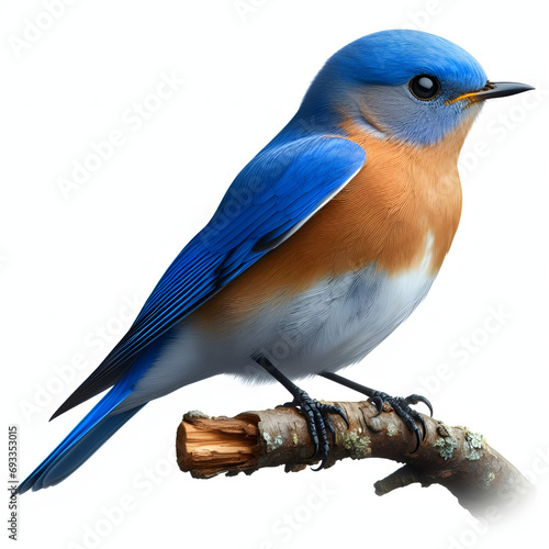 An Eastern bluebird (Sialia sialis) sitting on a branch isolated on White background