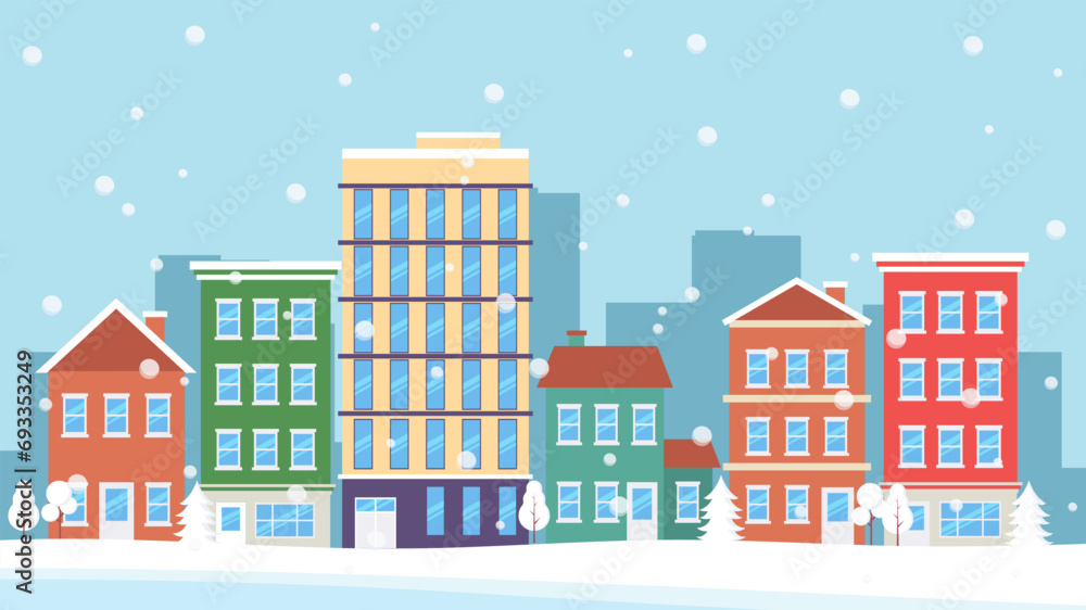 Beautiful winter townscape with colorful houses, buildings, and trees. wallpaper with a snow theme.
Vector illustration in flat style. Suitable as a banner, postcard, or template