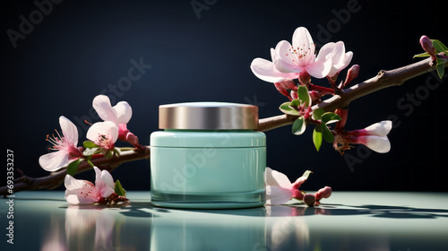 Cosmetic cream jar on a light mint green gradient woodtone background surrounded by violet flowers concept natural cosmetics skincare copy space flower cosmetology aroma care aromatic alternative body