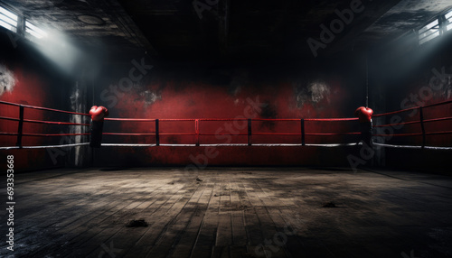 Dramatic view of empty boxing ring illuminated by spotlights. Arena for boxing match. Dark red and black tones grunge style. Artistic background. © Georgii