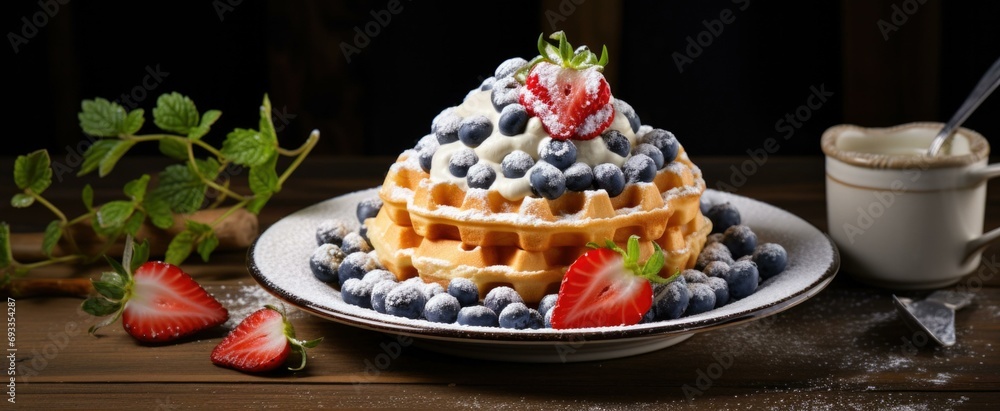 A delicious waffle with fresh berries and cream on a plate. Generative AI.