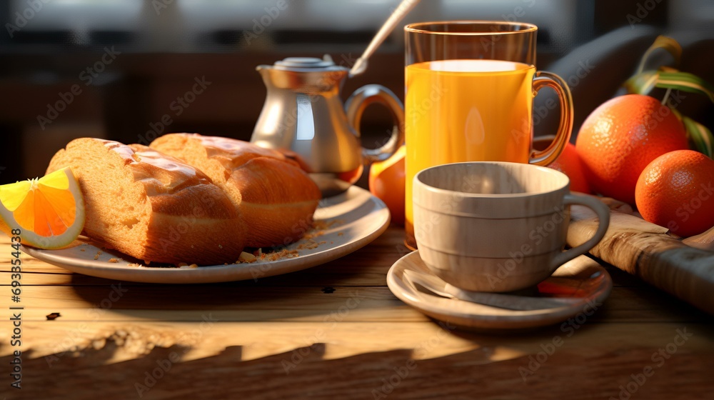 Cup of tea, orange and croissant on wooden table