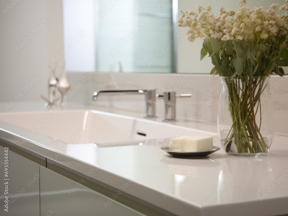 Modern bathroom interior with bathtub and water tap. Closeup view of tray with hairbrush, soap in bottle dispenser and clean towels at wooden shelf on white contemporary bath near black faucet Modern bathroom interior with bathtub and water tap. Closeup view of tray with hairbrush, soap in bottle dispenser and clean towels at wooden shelf on white contemporary bath near black faucet