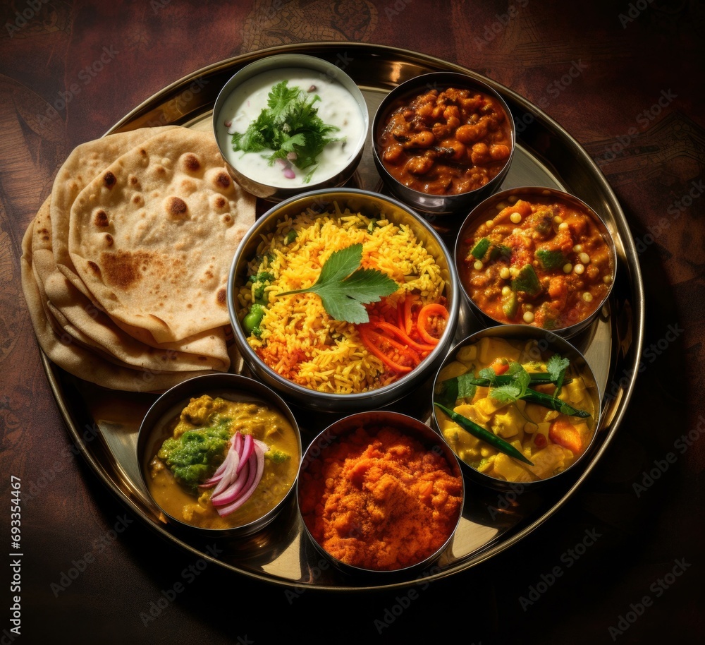A vibrant Indian thali with dal, , , and palak paneer. Served with naan bread and raita. Generative AI. A vibrant Indian thali with dal, , , and palak paneer. Served with naan bread and raita. Generative AI.