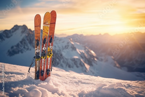 Skis sitting on top of a snow covered slope. Perfect for winter sports and outdoor activities photo