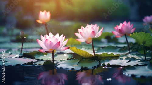 Beautiful lotus on the water after rain in the garden with bokeh