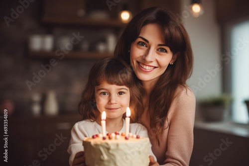Cheerful cute child with mother holding birthday cake at home