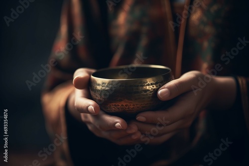 Tibetan traditional singing bowl. Mantra wellbeing meditating acoustic practice. Generate ai