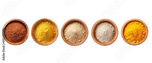 Various of Asian spices and herbs in types of powder and grain inside wooden bowl isolated on transparent png background, ingredients for cooking concept.