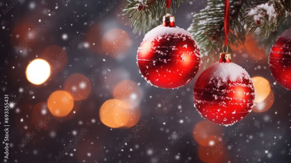 Happy New Year Christmas tree decorated with red glass balls on branches, snow on bokeh, background Happy New Year Christmas tree decorated with red glass balls on branches, snow on bokeh, background