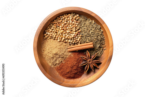 Various of Asian spices and herbs in types of powder and grain inside wooden bowl isolated on transparent png background,  ingredients for cooking concept. photo