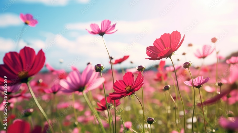 Red cosmos flowers sway in the natural field with the breeze. There is free space.