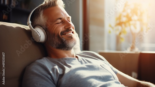 Middle-aged man sitting on the sofa listening to music, meditating with wireless headphones.