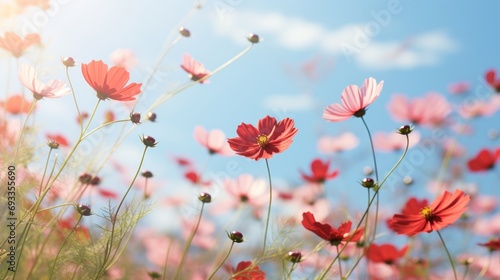 Red cosmos flowers sway in the natural field with the breeze. There is free space.