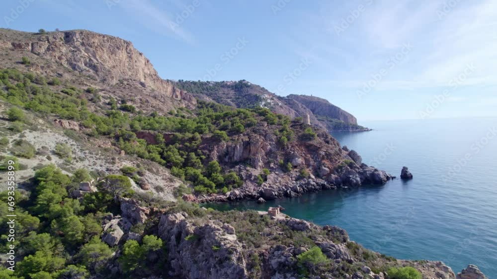 Seaside cliffs and medieval towers. Aerial view. Mediterranean Sea. Spain. Seaside cliffs and medieval towers. Aerial view. Mediterranean Sea. Spain.