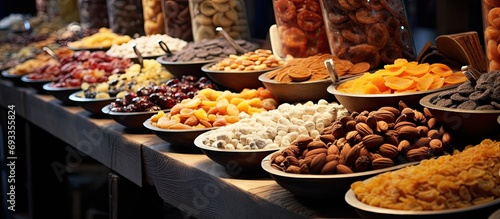 Snacks, dried fruits, and candies sold at a food market.