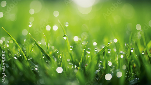Drops or dewdrops on green grass spring background