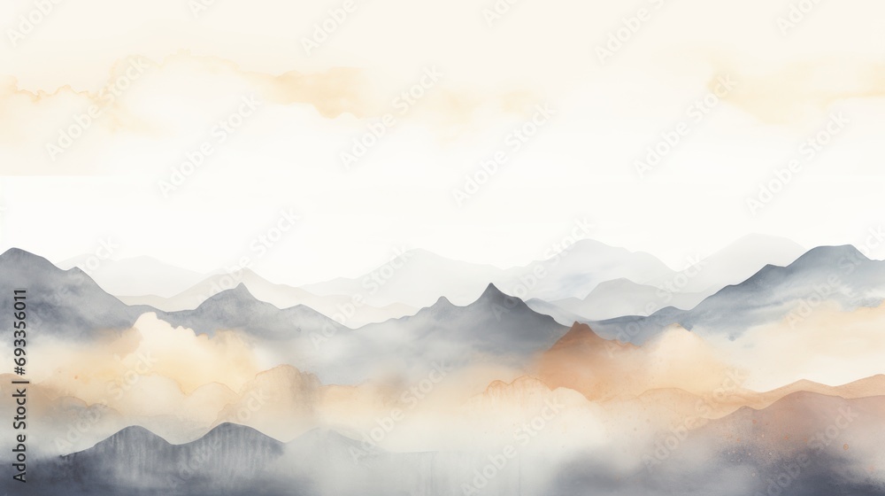 Watercolor mountain background Landscape art with watercolor brush and gold line art texture.