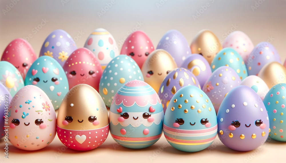 Easter eggs with cute faces in pastel colors. 
