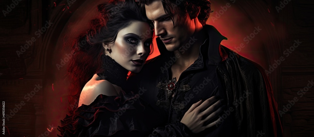 Medieval-dressed vampire duo for Halloween. - obrazy, fototapety, plakaty 
