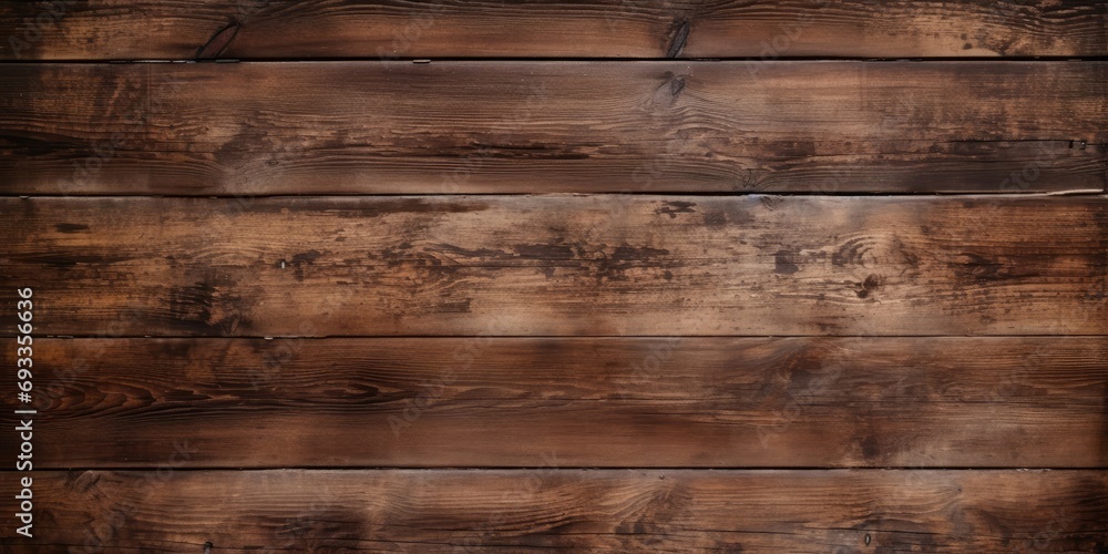 Naklejka premium Aged wooden backdrop with knots, holes, and paint. Brown abstract texture. Vintage dark boards. Front view with space for design elements.