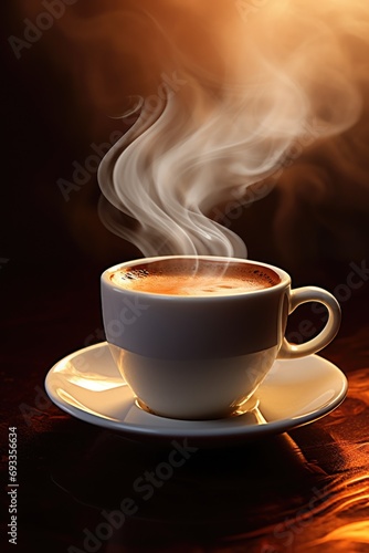 A picture of a cup of coffee with steam rising out of it. This image can be used to depict a warm and comforting beverage