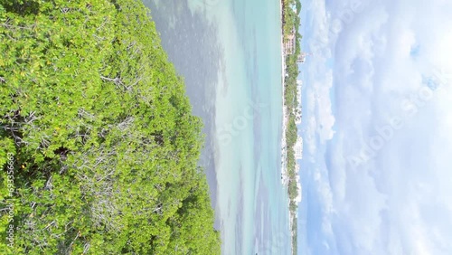 La Matica islet, Playa Boca Chica beach in Dominican Republic. Aerial and vertical format photo