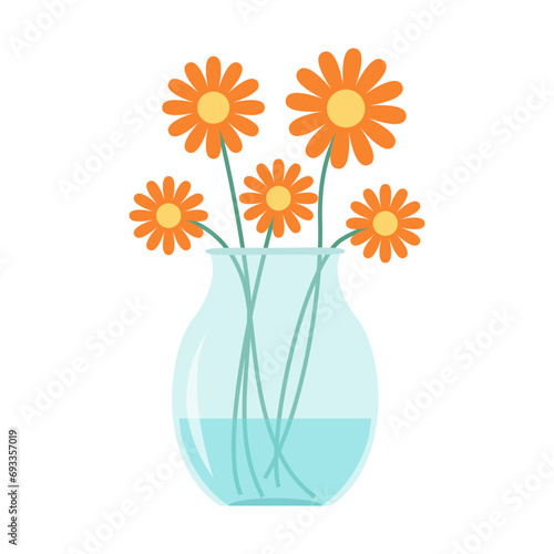 Flower set in vase . Glass vases with blue water. Cute colorful icon collection. Orange daisy flowers. Ceramic Pottery Glass decoration. White background. Flat design.