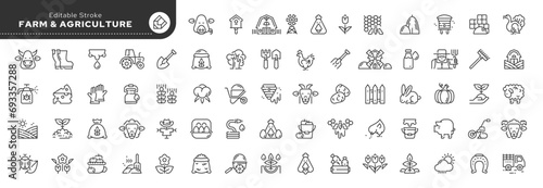 Set of line icons in linear style. Set - Farming, farm and agriculture. Animal husbandry and livestock breeding. Outline icon collection. Conceptual pictogram and infographic. Editable stroke. photo