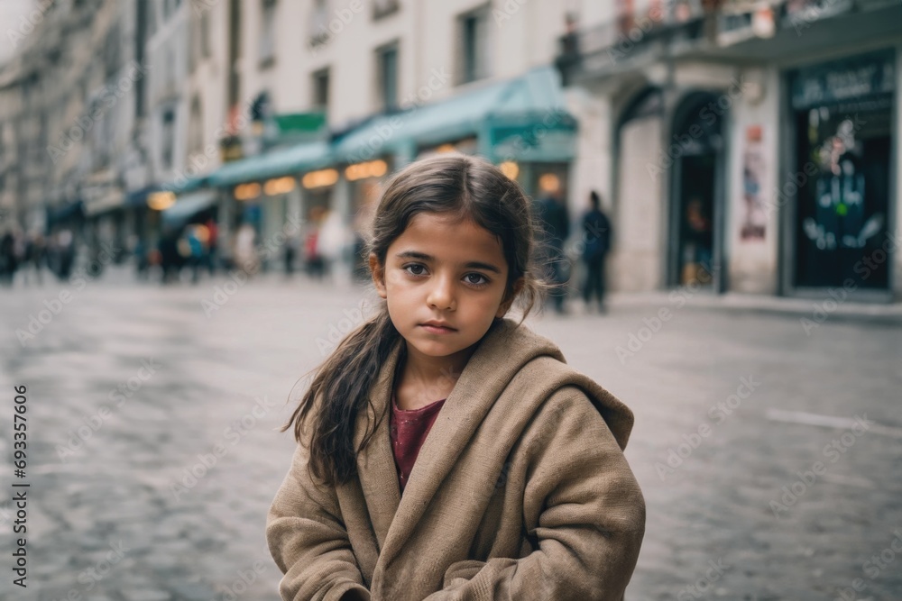 Fototapeta premium Small child, a girl is desperate and sad and alone, homeless or orphan, sad and depressed, terrible childhood caused by homelessness or poverty or refugee