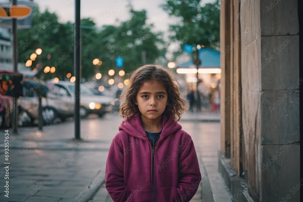 Small child, a girl is desperate and sad and alone, homeless or orphan, sad and depressed, terrible childhood caused by homelessness or poverty or refugee