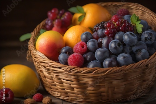 Basket of fresh fruits on a wooden table. Selective focus. © Amlumoss