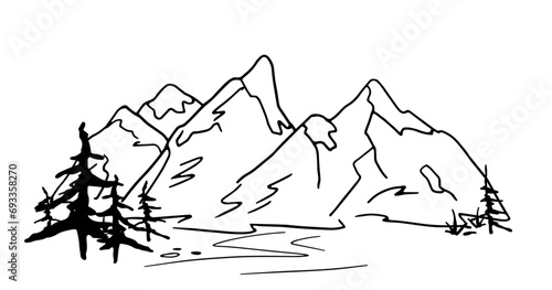 Mountains with pine trees in doodle style. Hand drawn  landscape.