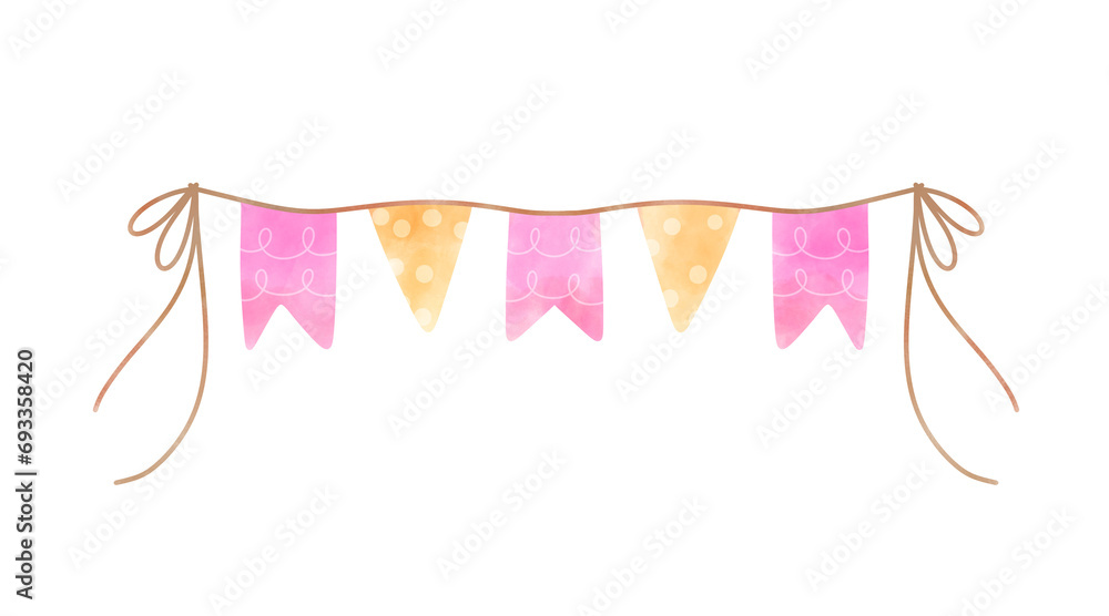 flag ribbon bunting Watercolor illustration carnival garland birthday new year baby shower girl party decoration banner colorful boho style border frame