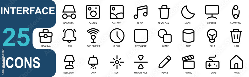 outline style interface icon collection.disguise,incognito,camera,gallery,music,trash can,moon,monitor,safety pin,tool box,computer,bell,alarm,notification.vector illustration set. outline style interface icon collection.disguise,incognito,camera,gallery,music,trash can,moon,monitor,safety pin,tool box,computer,bell,alarm,notification.vector illustration set.