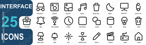 outline style interface icon collection.disguise,incognito,camera,gallery,music,trash can,moon,monitor,safety pin,tool box,computer,bell,alarm,notification.vector illustration set.