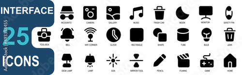 interface icon set.glyph style.contains wifi,clock,square,rectangle,geometry,tube,lamp,trash can,junk,idea,alarm.vector illustration set.great for ui use. 