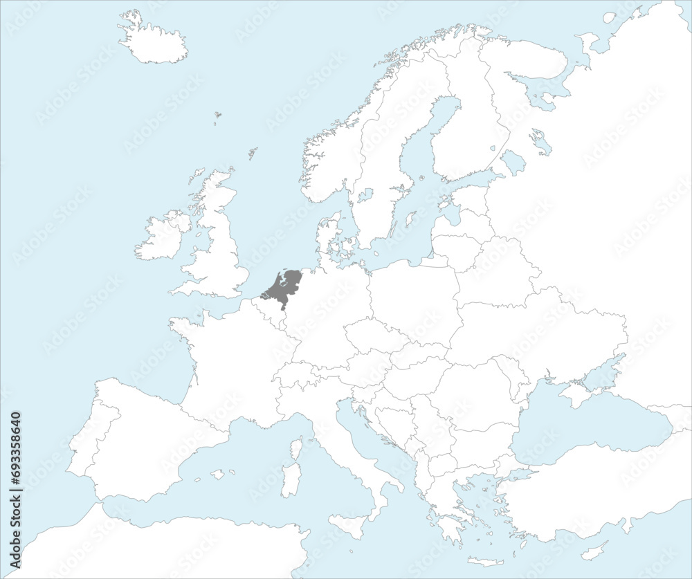 Gray CMYK national map of NETHERLANDS inside detailed white blank political map of European continent on blue background using Mollweide projection