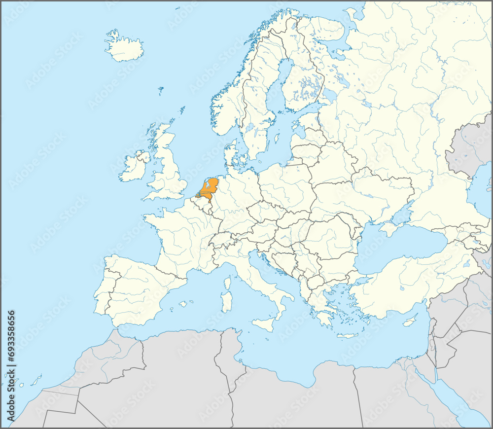 Obraz premium Orange CMYK national map of NETHERLANDS inside detailed beige blank political map of European continent with rivers and lakes on blue background using Mercator projection