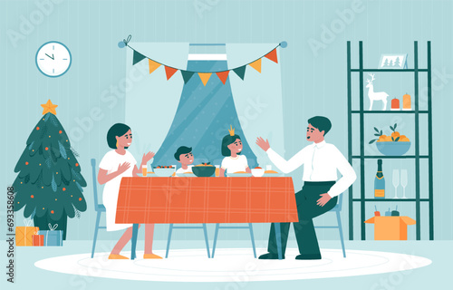 Parents and children chat happily at the festive table. A family celebrates Thanksgiving at the table. Beautiful decorated fir tree, festive table and gifts. Flat vector illustration.