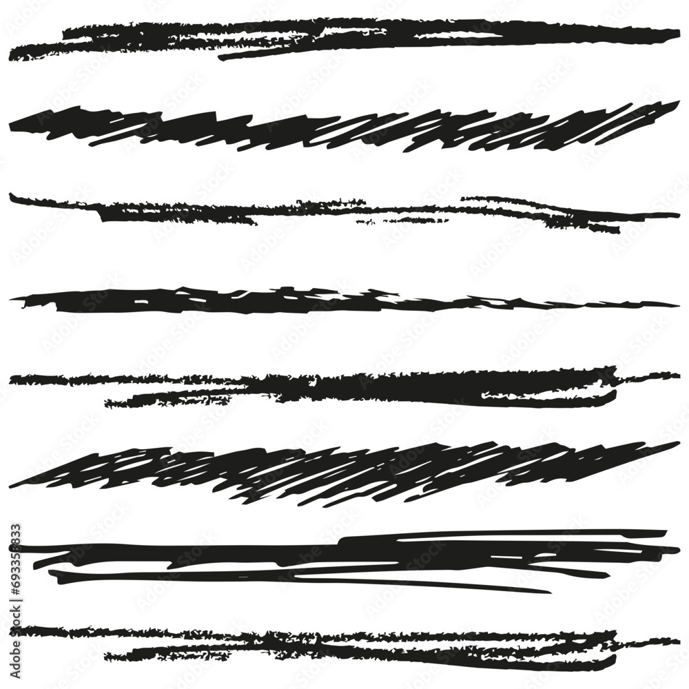 Rough hand drawn black line brushes. Set of vector rough grungy stripes isolated on transparent background. Abstract striped texture
