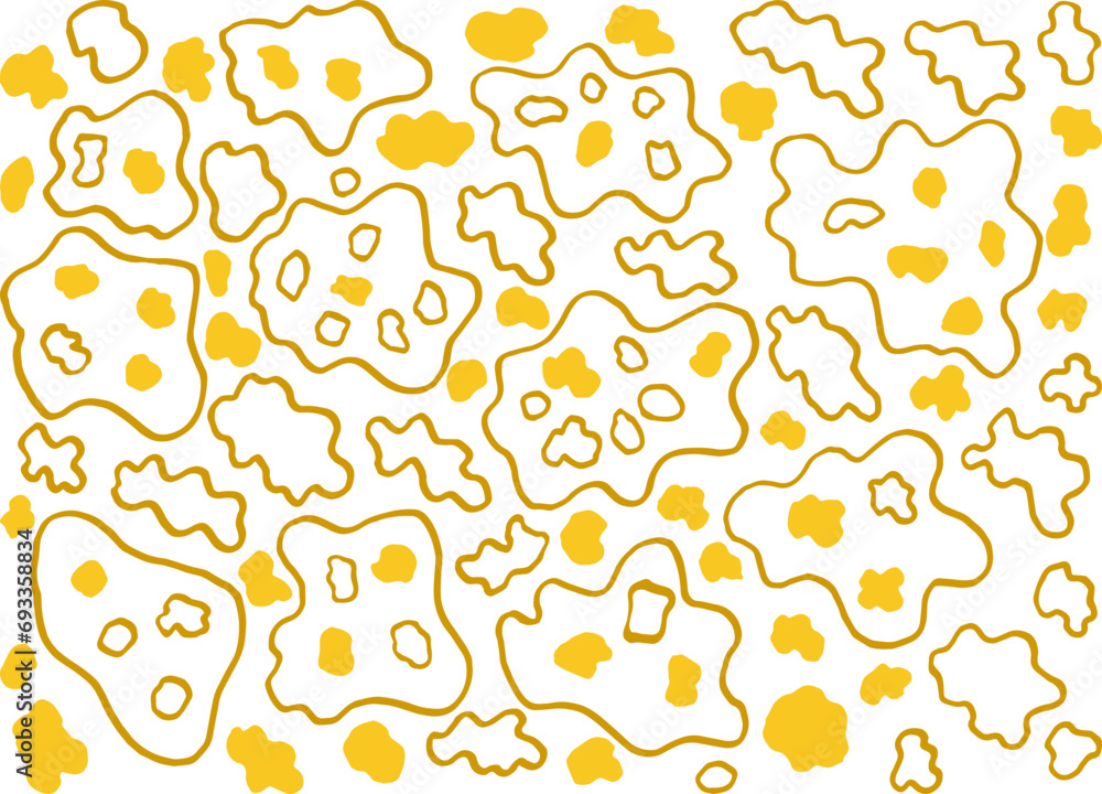 Bright yellow abstract two-tone pattern with smooth closed sinuous lines and spots. Vector set of shapeless irregular figures isolated on transparent background. Monochrome seamless repeating pattern Bright yellow abstract two-tone pattern with smooth closed sinuous lines and spots. Vector set of shapeless irregular figures isolated on transparent background. Monochrome seamless repeating pattern