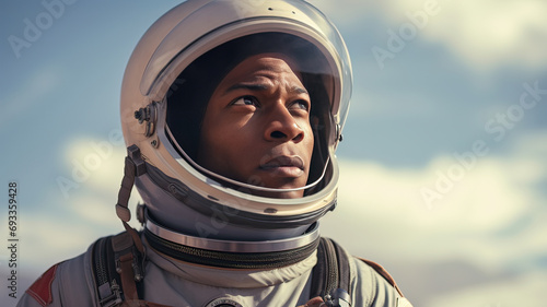 African-American man dressed in a space suit with a closed helmet © Pedro Llinas