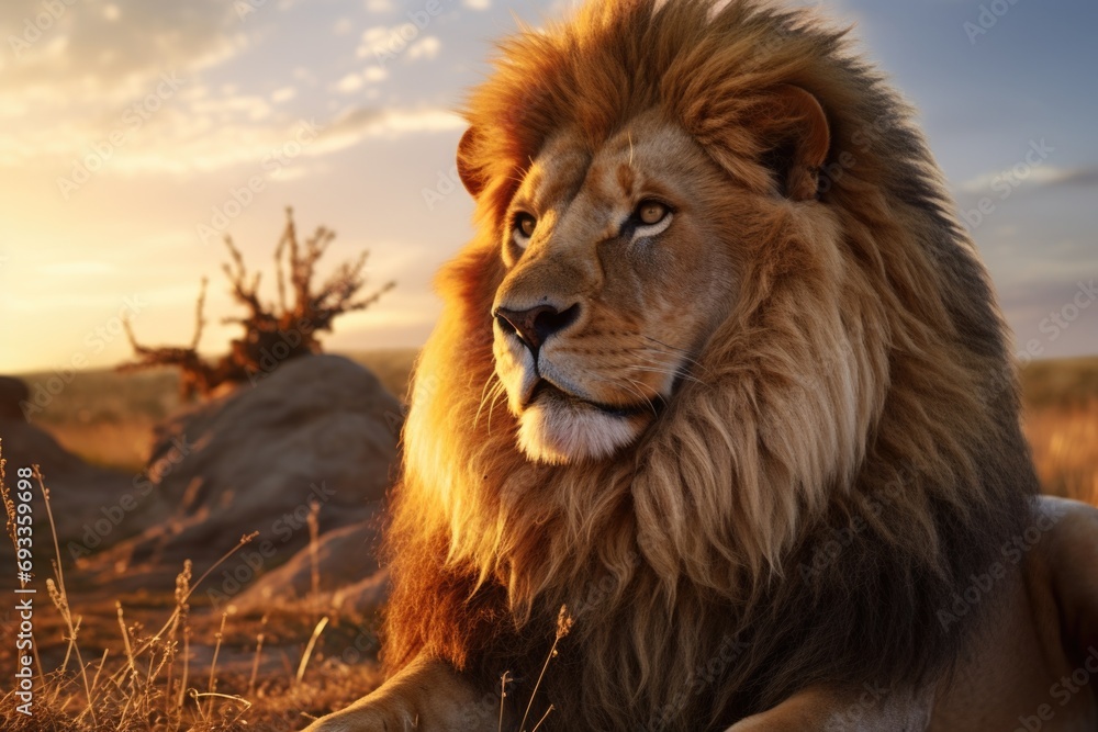 A lion peacefully laying down in a field of grass. Perfect for nature and wildlife-themed designs A lion peacefully laying down in a field of grass. Perfect for nature and wildlife-themed designs
