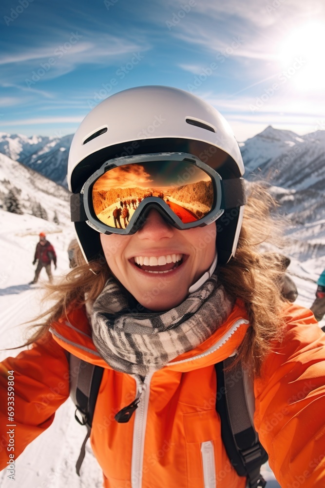 A woman wearing an orange jacket and goggles taking a selfie. Perfect for capturing fun and adventurous moments. Ideal for social media posts and travel blogs