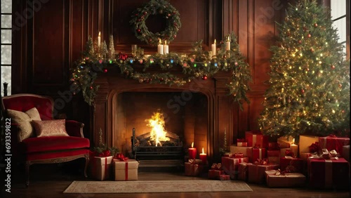 fireplace with christmas decorations and candle, chirstmas tree with lighting, seamless loop video animation in 4k UHD