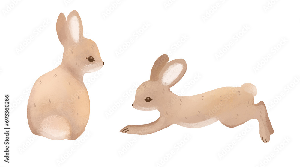 Obraz premium Set of cute white rabbits. Bunny sit and jump. Hand drawn illustration.