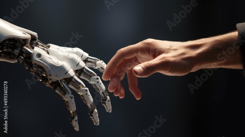 A person is shown touching the hand of a robot. This image can be used to depict human interaction with technology