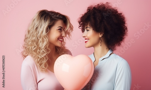 Young lesbian lovers couple with pink heart balloon. Friendship and homosexual relationship. LGBTQA. Valentine s day